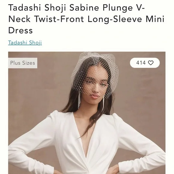 tadashi shoji sabine plunge v-neck twist-front long-sleeve mini dress Tadashi Shoji BHLDN Sabine Plunge V Neck Twist Long Sleeve Mini Dress Cream XS